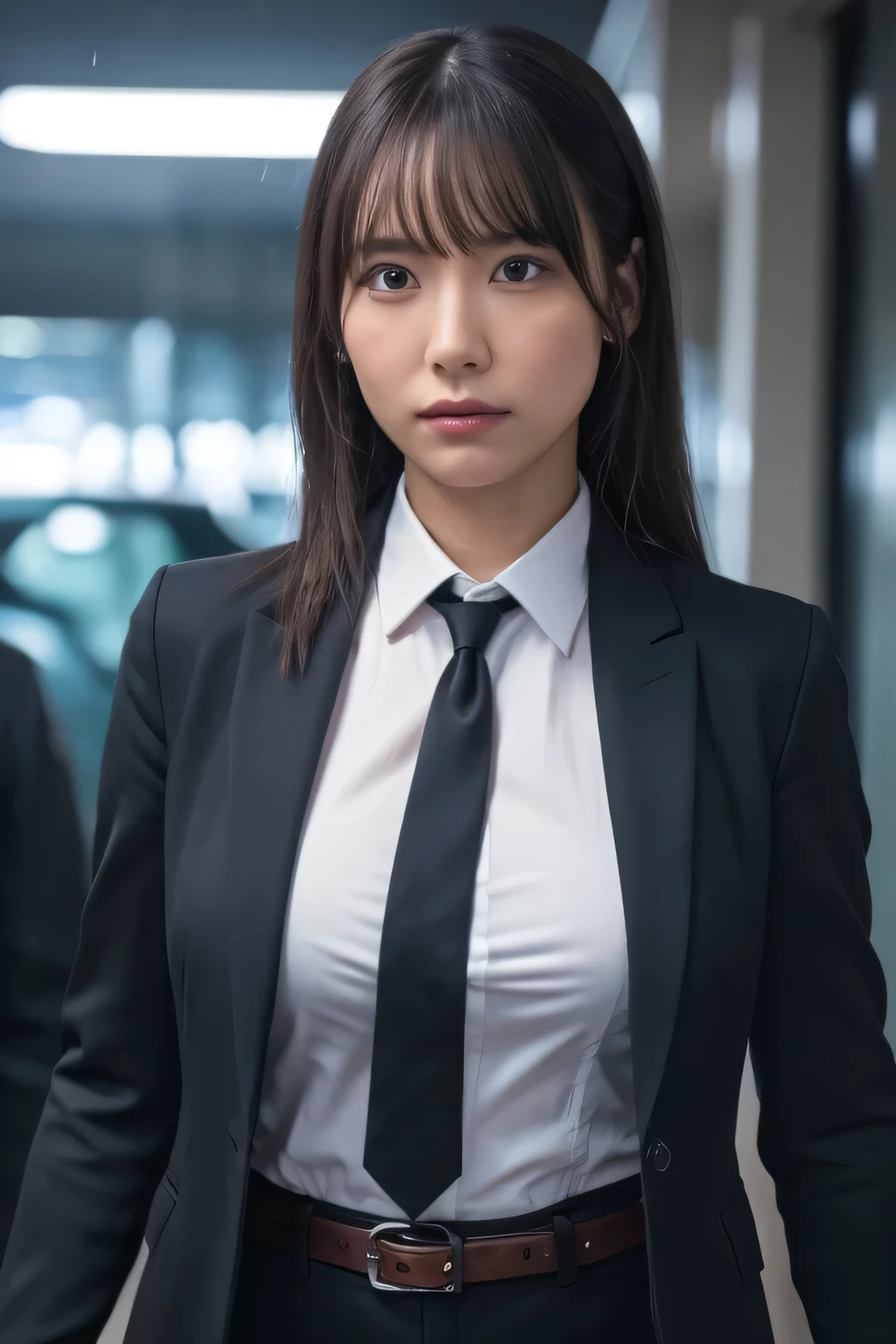 a woman in a suit, belt, hands behind back, sweating, suspenders, black jacket, black pants, sexy, large breasts, see-through clothing, rain, heavy rain, detective, office worker, white button-up shirt, (best quality,4k,8k,highres,masterpiece:1.2),ultra-detailed,(realistic,photorealistic,photo-realistic:1.37),hyper-detailed,highly detailed face and body, スレンダー　細い　サスペンダー　