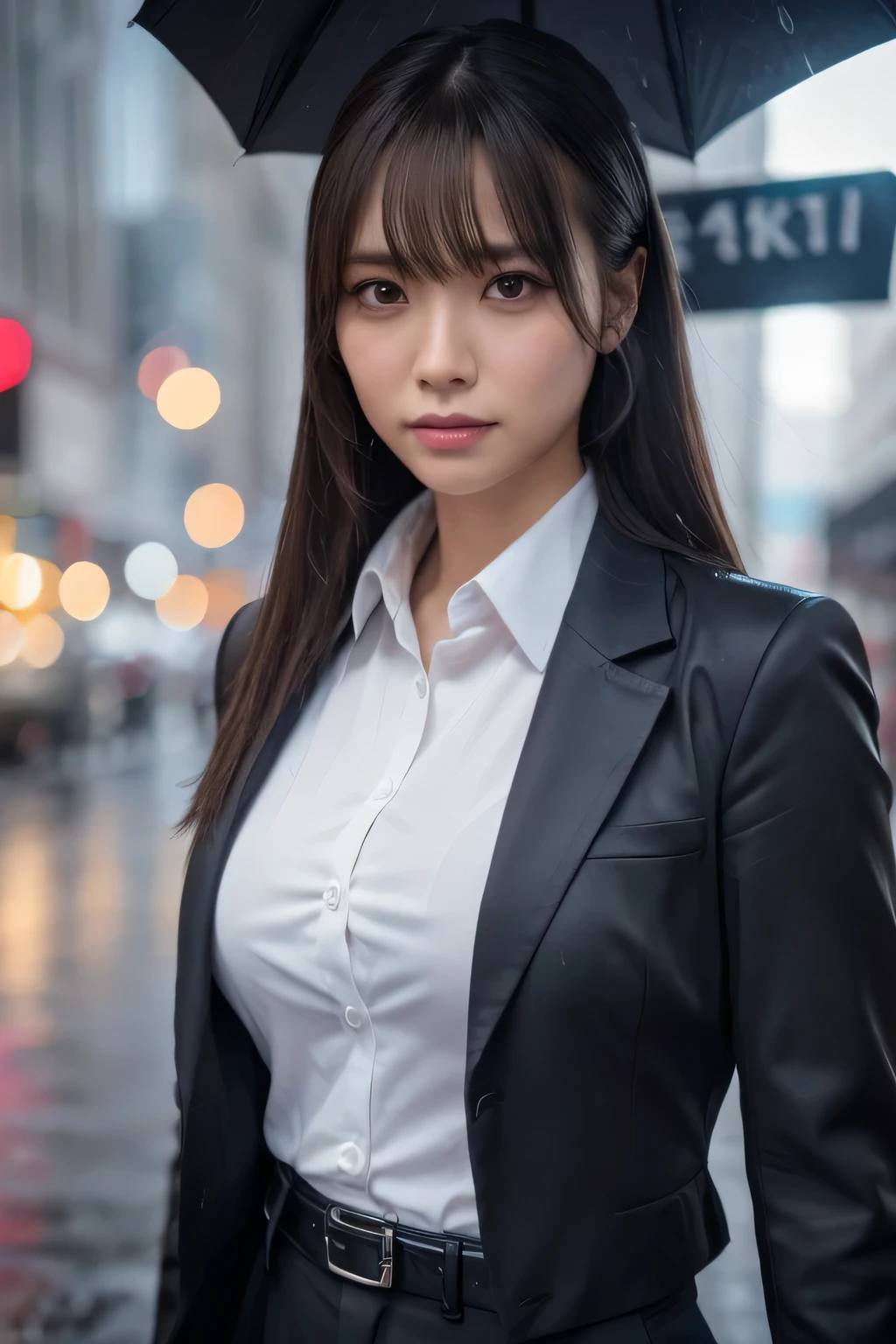 a woman in a suit, belt, hands behind back, sweating, suspenders, black jacket, black pants, sexy, large breasts, see-through clothing, rain, heavy rain, detective, office worker, white button-up shirt, (best quality,4k,8k,highres,masterpiece:1.2),ultra-detailed,(realistic,photorealistic,photo-realistic:1.37),hyper-detailed,highly detailed face and body, スレンダー 細い