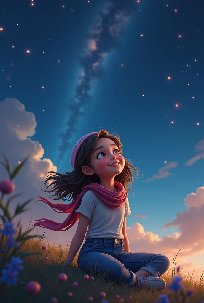 best quality, high resolution, distinct image, concept art, night sky, stars, moon, girl, smile, hair, eyes, mouth, hands, feet, clothing, jeans, t-shirt, scarf, hat, space, spaceship, spacesuit, astronaut, planet, galaxy, beautiful, cute, cozy, natural, dreamy, relaxed, sparkling, lovely