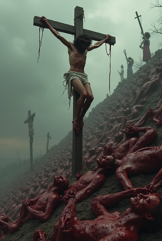 Draw a crucified person on a hill of bloody corpses and around him more crucified people and dismembered people dripping blood