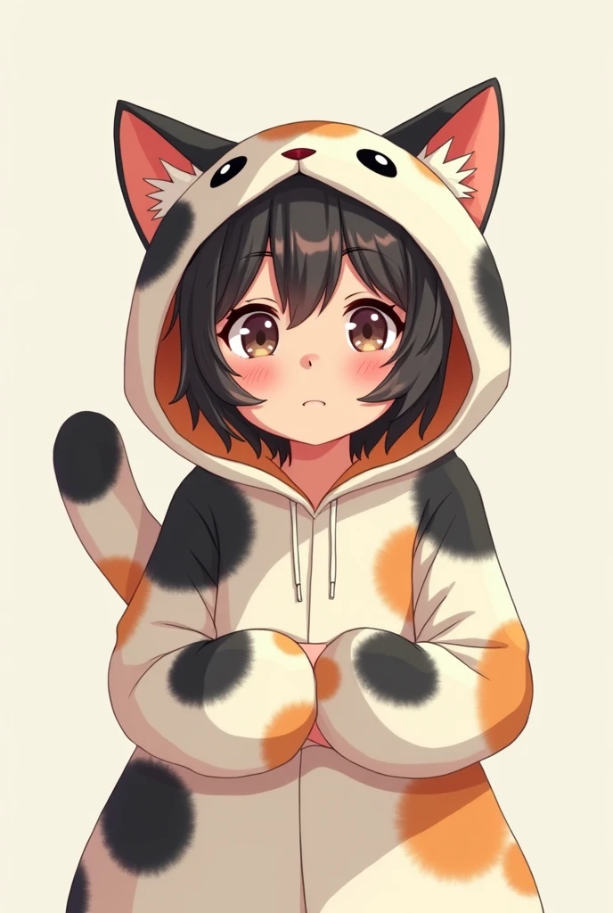 A beautiful middle aged Japanese woman wearing a cat costume with hoodies. The fur pattern should be that of calico cat: patches of white, black, and white. The costume doesn't have a cat face. It should show only above her chest. Mke it cartoon like. This woman is not young, middle aged.