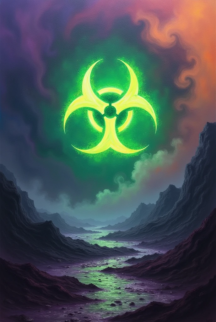 Logo with a glowing green biohazard sign, Purple Orange and Blue fog in dark background, liquid ink by Akihiko_Yoshida and krenz cushart; oil on canvas;r/Art; a masterpiece; ultra detailed