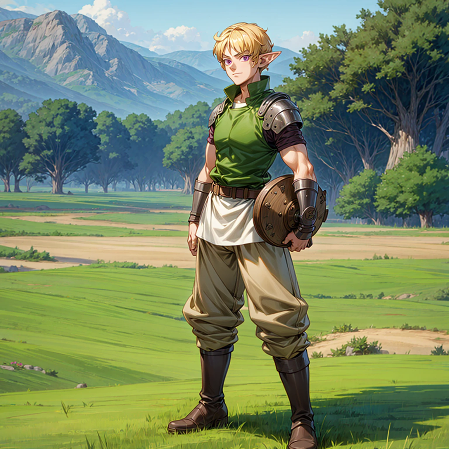 Solo character, full body version, young man, muscle, (elf), purple eyes, blonde color hair, Curly haircut, soldier clothing, long brown pants, boots, outdoor, field, Greenland, detailed background, detailed clothing, detailed hair, muscle, standing gesture, (food wars style art, one piece style art, one piece style art), happy eyes, heavy armored , Shield in hand