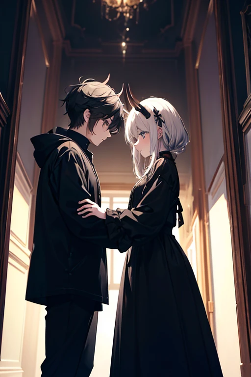 There are two in the picture. The first one is a girl in light clothes standing on the left. The second one is a guy with horns in dark clothes standing on the right side. They look into each other&#39;s faces