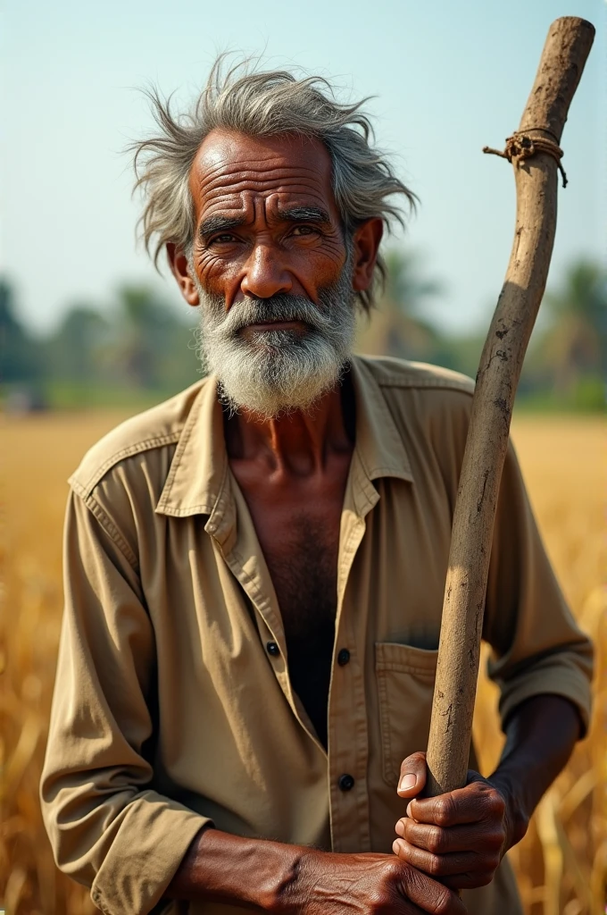 Ramu Working: Ramu working hard in the fields, using traditional farming tools under the hot sun. His face shows determination despite his worn-out clothes and tired appearance.


