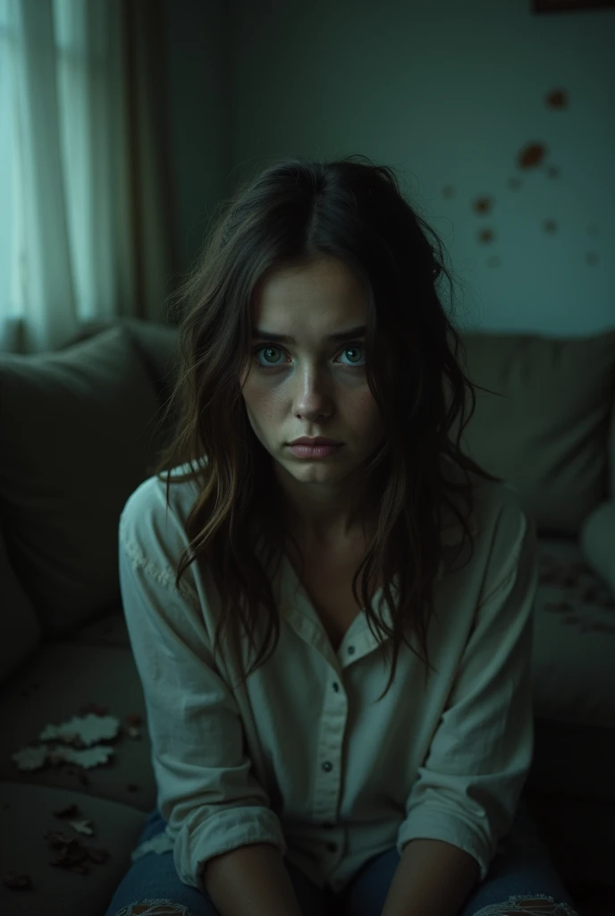 Close up of a young and confused woman sitting on  a worn out living room couch in the dark, nightmare 