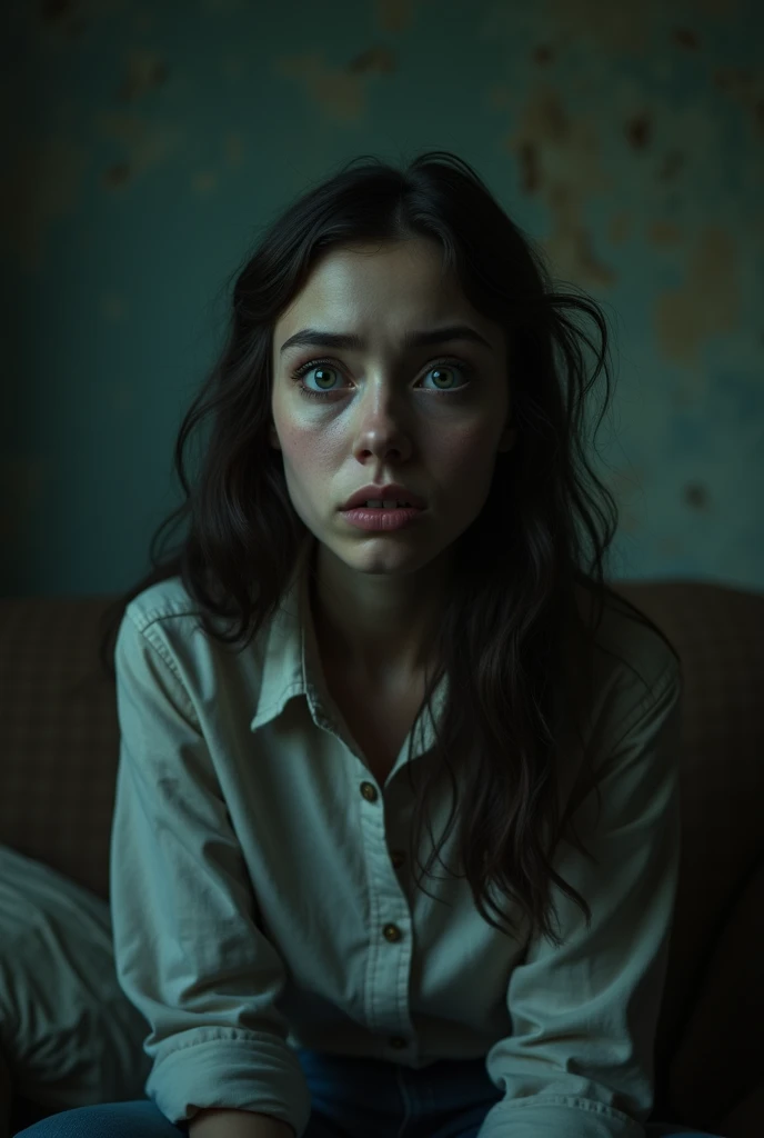 Close up of a young and confused woman sitting on a worn out living room couch in the dark, nightmare
