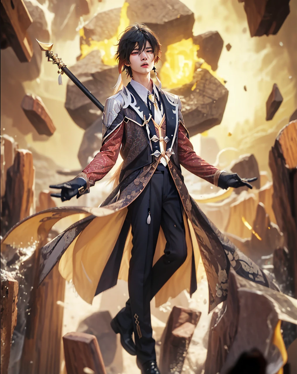 ((Zhongli morax_GENSHIN IMPACT)),((realistic, photorealistic)),(highlight hair)), Light reflection, (( HD )),((upper body)), (((best quality, masterpiece))), (masterpiece) (best quality) (detail) (8k) (HDR) (wallpaper) (cinematic lighting) (sharp focuasterpiece, best quality: 1.1), 1men solo, Zhongli, shadow,back light,Zhongli Spear genshin impact, sitting on a rock shaped like a larva's hand, a mountain rock ruin,Mountain rocks background,Stone-shaped hands, Real life adaption of this character, Asian teen beauty face, Shining Purple eyes, realistic outfit, realistic shadow, realistic light, realism, hyper realistic, realistic background,(photorealistic:1.2), masterpiece, best quality, 1boy, masterpiece, best quality, simple background, whole body, bangs, black_gloves, black_hair, brown_hair, gradient_hair, collared_shirt, earrings, eyebrows_visible_through_hair, formal, gloves, hair_between_eyes, holding, chinese_clothes, jacket, jewelry, long_hair, long_sleeves, male_focus, multicolored_hair, ponytail, single_earring, suit, tassel, tassel_earrings, whiskers, yellow_eyes, zhongli_\(genshin_impact\)best quality,masterpiece,absurbres,super-resolution,1boys,Zhongli \(genshin impact\),((long hair, black hair)),yellow eyes,calm,brown suit,white shirt,black pants,necktie,abs, 1boy, male focus,muscular, toned, pectorals, nipples, open mouth, solo, looking at viewer,gloves, solo, jewelry, male focus, earrings, tassel earrings, formal, ponytail, black gloves, tassel, long hair, single earring, looking at viewer, suit,Room background, glow effect, 1men solo, Zhongli, shadow,back light,Zhongli Spear genshin impact, sitting on a rock shaped like a larva's hand, a mountain rock ruin,Mountain rocks background,Stone-shaped hands,Floating cloak, spear sword, Flying,Glow effect,