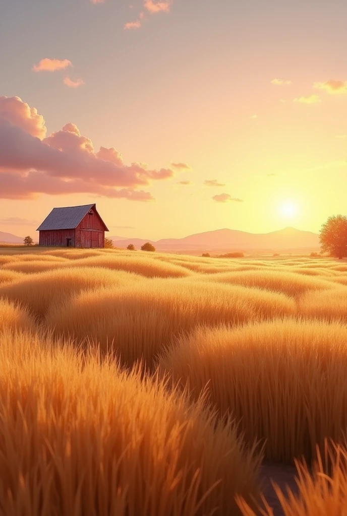 Golden Wheat Fields at Sunrise: Describe a vast expanse of golden wheat fields gently swaying in the early morning breeze. The sun is just rising, casting a soft, warm glow over the landscape, with long shadows stretching across the ground. The sky is painted with pastel hues of pink and orange, and a few wispy clouds float lazily above. In the distance, a rustic barn stands, its red paint slightly faded, adding a charming contrast to the golden waves of wheat.
