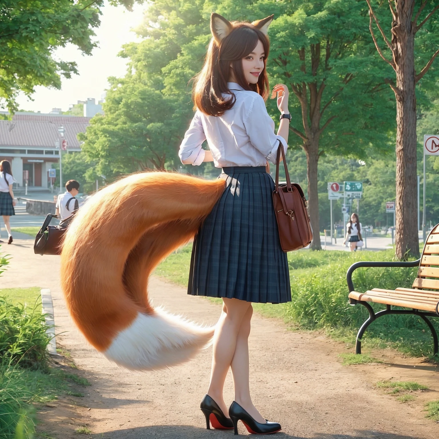 A girl with a red fox tail walking on a brick path, Fox tail, fluffy tail, Furry tail, foxgirl, thick fluffy tail, tail, a picture, top-quality