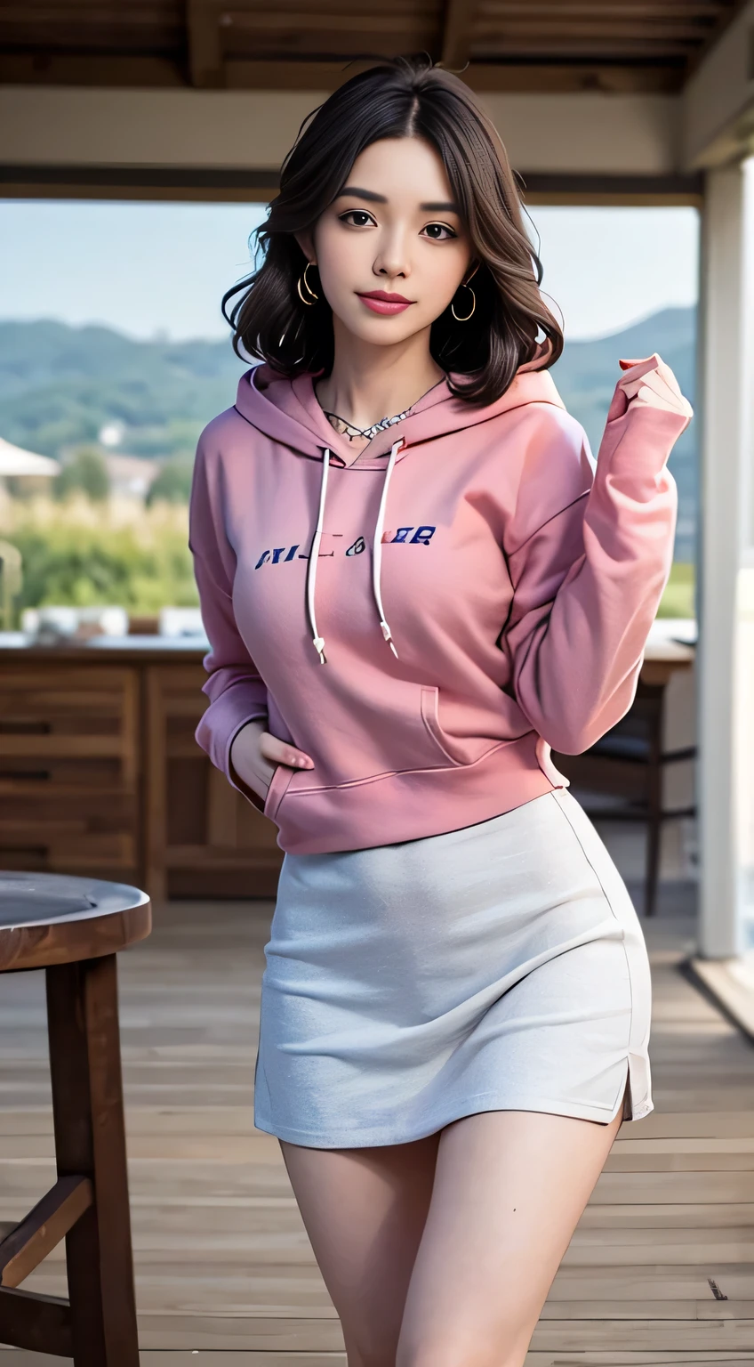 ((8k)),Film photography, 1 girl, (Hoodie:1.2), (short skirt), upper legs, navel,necklace, Earrings, Seductive smile, Medium breast, full body, drunk blush:1.5, black wavy shoulder-length hair, serene, calm, (Realistic detailed eyes, Natural skin texture, Realistic face details), Soft dramatic lighting, Depth of field, Bokeh, vibrant detail, finely detailed, Hyperrealistic