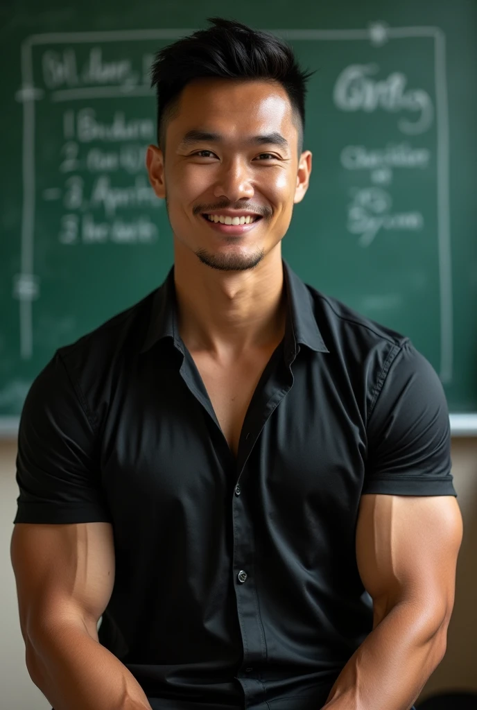 Vietnamese gentleman, 25 years old, stupid face,teacher,shiny tight clothes, tanned skin,Handsome and elegant, Wearing a uniform, sexy , Masculine and handsome,musculous,Muscles look good,,, Full body photo,(ultra-detailed, photorealistic, best quality, 4k, 8k, highres, masterpiece:1.3), a mature man, charming and distinguished , (muscular build body), wearing tailored shiny dress shirt, sweat, unbutton buttons shirt, lewd face ,tight chest, sex,See-through shirt, erotic, horny, , Accessories include a luxury wristwatch, in the Classroom,looking at viewer,muscle veins,no underwear ,Tight shirt makes muscle,unbutton,six pack,sitting on the lap of the gym teacher