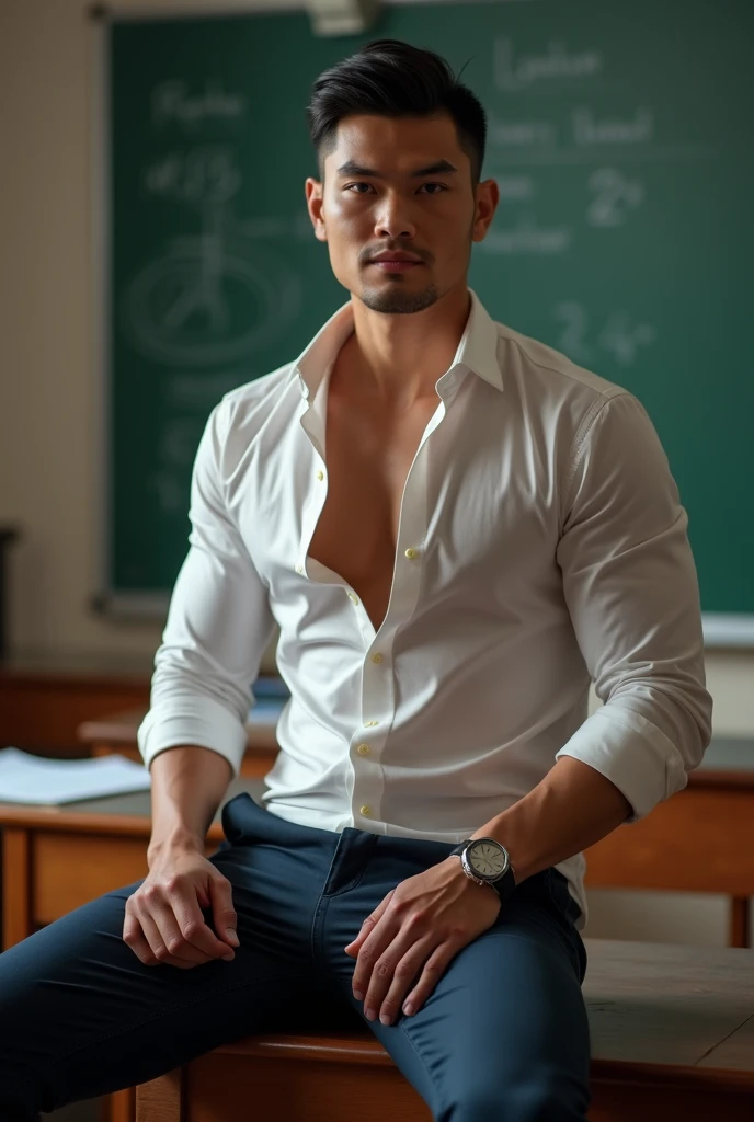 Vietnamese gentleman, 25 years old, stupid face,teacher,shiny tight clothes, tanned skin,Handsome and elegant, Wearing a uniform, sexy , Masculine and handsome,musculous,Muscles look good,,, Full body photo,(ultra-detailed, photorealistic, best quality, 4k, 8k, highres, masterpiece:1.3), a mature man, charming and distinguished , (muscular build body), wearing tailored shiny dress shirt, sweat, unbutton buttons shirt, lewd face ,tight chest, sex,See-through shirt, erotic, horny, , Accessories include a luxury wristwatch, in the Classroom,looking at viewer,muscle veins,no underwear ,Tight shirt makes muscle,unbutton,six pack,sitting on the lap of the gym teacher