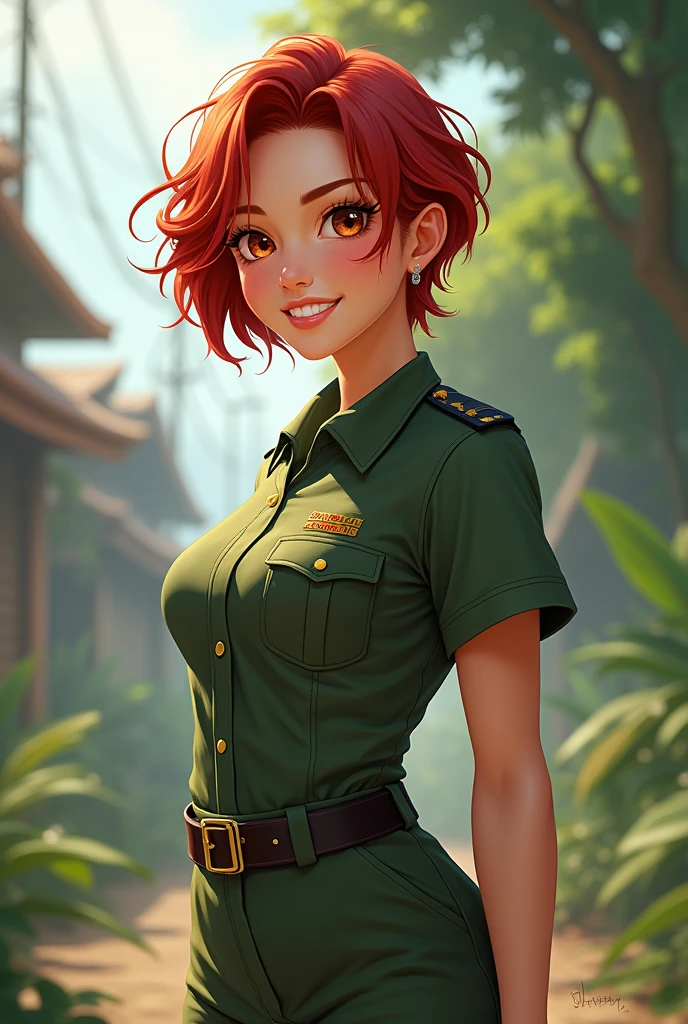 A woman named Nirinthra, short wavy red hair, cheerful, bright eyes, Thai soldier, 21 years old, tough teenager.