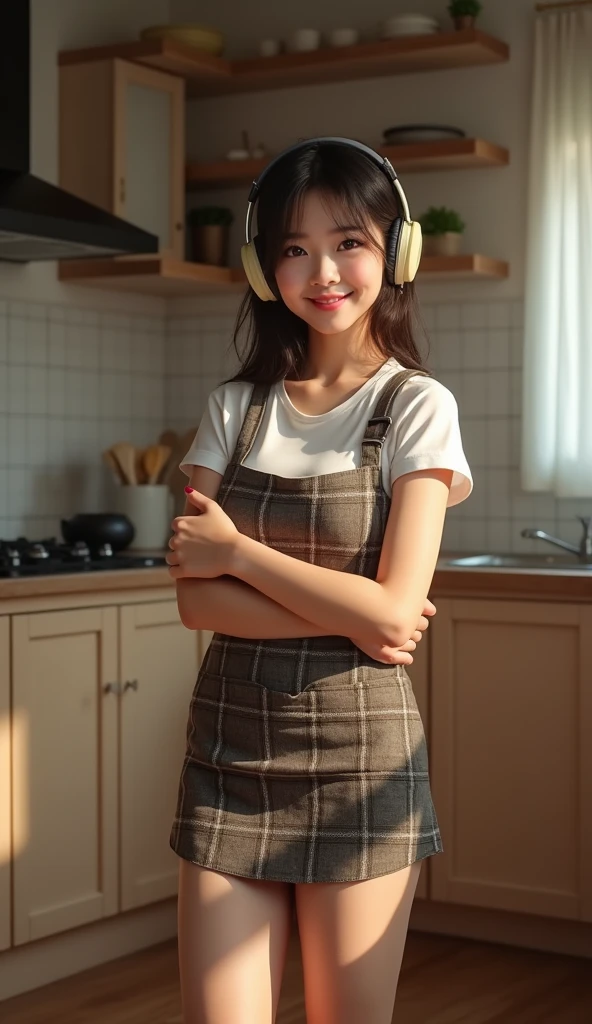 ((Highest quality)), ((masterpiece)), (detailed), One person, sexy、A masterpiece of idol cuteness! An active housewife, only 18 years old, stands in her kitchen cooking in headphones and an apron. Dynamic lighting frames her round face, highlighting her narrow eyes and perfect features. The camera zooms in on her plump cheeks and large breasts, her T-shirt accentuating her cleavage. Her very short plaid skirt hugs her thighs and her best smile is captured from a prone angle, showing off her realistic body and fine details. The subject, kneeling comfortably with her arms wrapped around her chest, is naturally attractive without makeup, making this an elaborate and professional piece of work.
