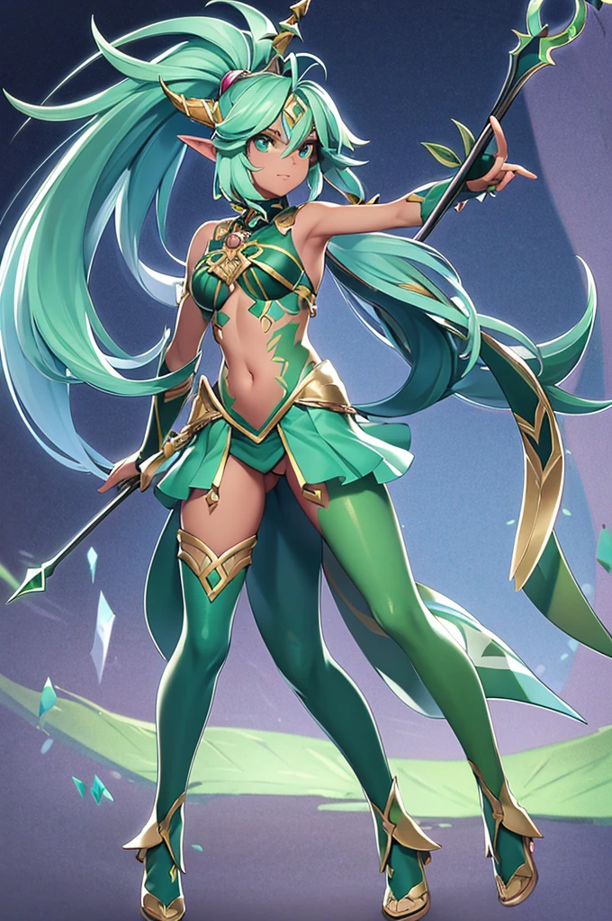 prismatic coloration, holographic environment, young plant girl with a dark skin tone, Elegant, elven ears, tanned skin tone, serious glare, ponytails, leaf green hair, Heterochromia with deep green & Gold eyes, C-cup, lithe, fit, modest tribal attire, full-body, slender legs, footless tights with leafy design, beautiful eyes, freckles, leaf green eyebrows, Cute butt, blank background, (long straight prismatic colored horns:1.2), wielding spear, nsfw, Battle stance