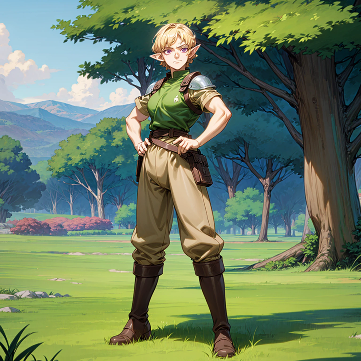 Solo character, full body version, young man, muscle, (elf), purple eyes, blonde color hair, Curly haircut, soldier clothing, long brown pants, boots, outdoor, field, Greenland, detailed background, detailed clothing, detailed hair, muscle, standing gesture, (food wars style art, one piece style art, one piece style art), happy eyes, heavy armored 