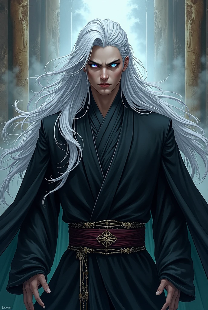 1 man, Manhua style, long silver hair, super handsome face, Unfriendly, uy nghiêm, nam thần cổ trang, wearing black costume, nhìn thẳng, one blue eye and one pink eye. 