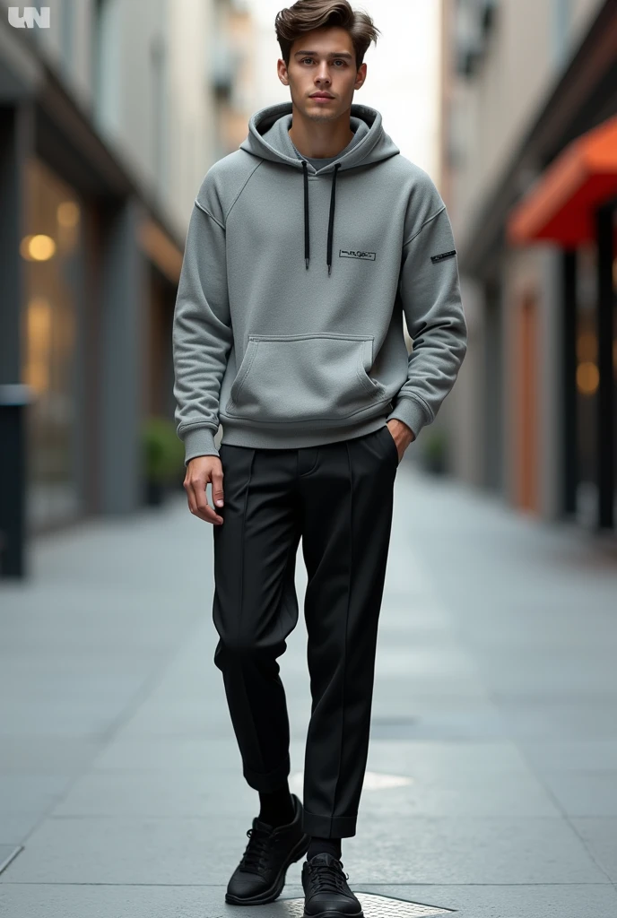 a man wearing a grey hoodie with formal black pleated trousers with black sneakers also wearing black socks