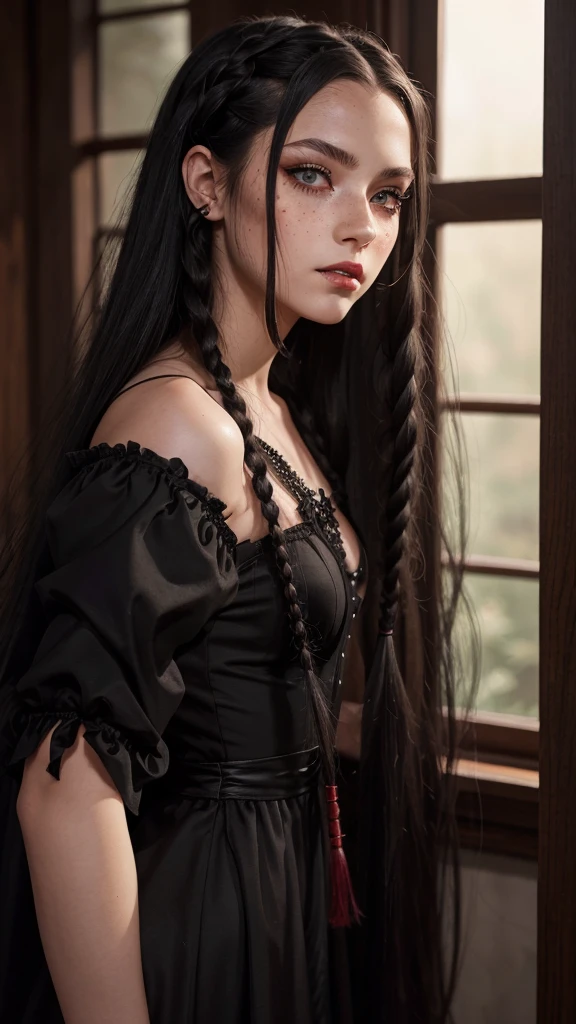 Dark and thirsty vampire; long hair, a beautiful hairstyle with oriental braids, using a hair clip; rosto angelical, fleshy lips, greeneyes, freckles on the face, is wearing a long black dress with red details; she has an expression of arrogance and stubbornness,