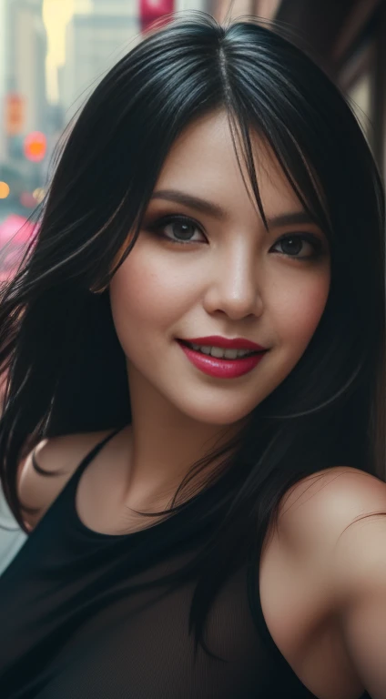 beautiful mature woman, long black hair color,pink lips, realistic, narrow waist, charming, colorful makeup, long eyelashes, fair skin, (cute), (detailed face), detailed eyes, detailed iris, (large breasts:1.2), bright smile,dancing in the rain, public streets