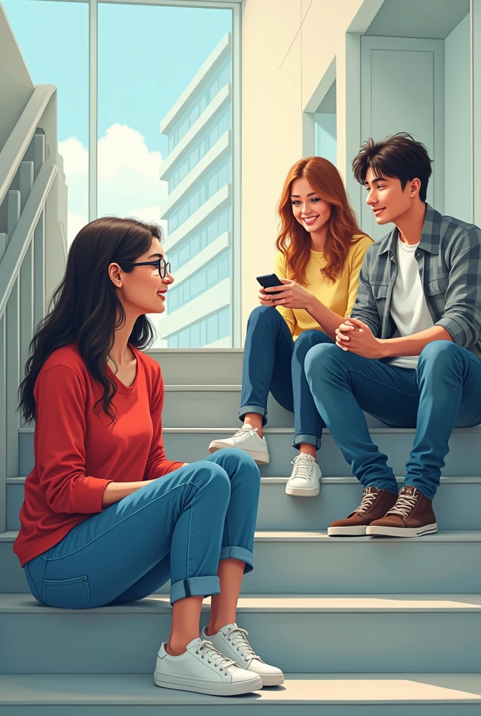 1 girl and 1 couple is sitting on the wide stairs in office area and talking, the girl is wearing a red top and jeans and specs and the boy is wearing a grey check shirt and jeans and both are wearing white shoes, a friend of both of them is also sitting with them, she is using her phone. She is sitting on the stairs one below them