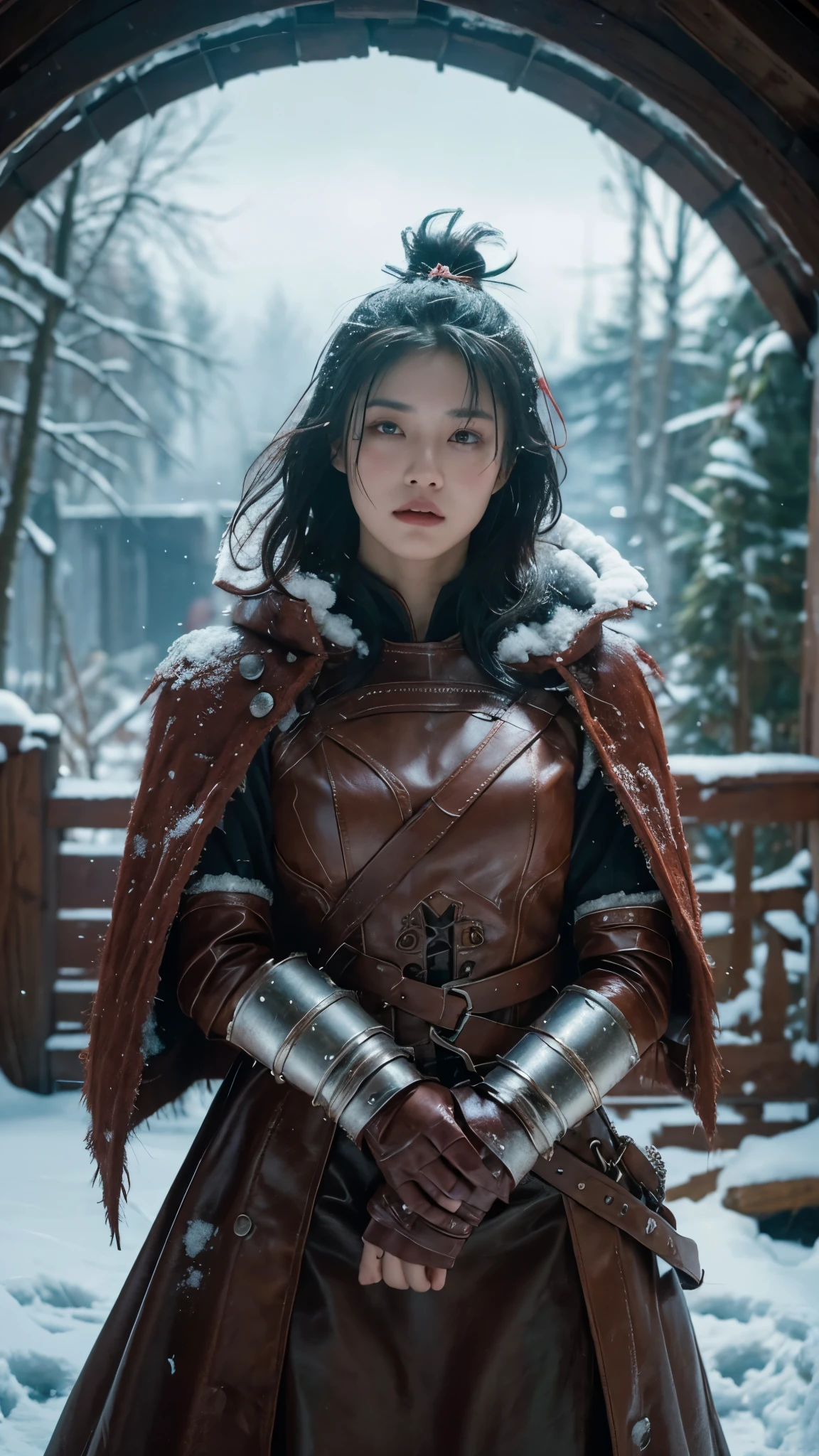 cinematic still stunning warrior stands tall amidst the chaos of a snow-shrouded battlefield, fur-lined cloak and distressed leather armor covering from the neck down, battered and bloodied, muscles rippling beneath her skin, ruthless efficiency, snow swirling around her in a maelstrom, the clash of warrior echoing through the howling wind, (style of Wlop, Tyler Edlin, Jesper Ejsing), z3ndaya. emotional, harmonious, vignette, highly detailed, high budget, bokeh, cinemascope, moody, epic, gorgeous, film grain, grainy, dark and unsettling dream showing . best quality, high resolution. created by genius but depressed mad artist. grim beauty
