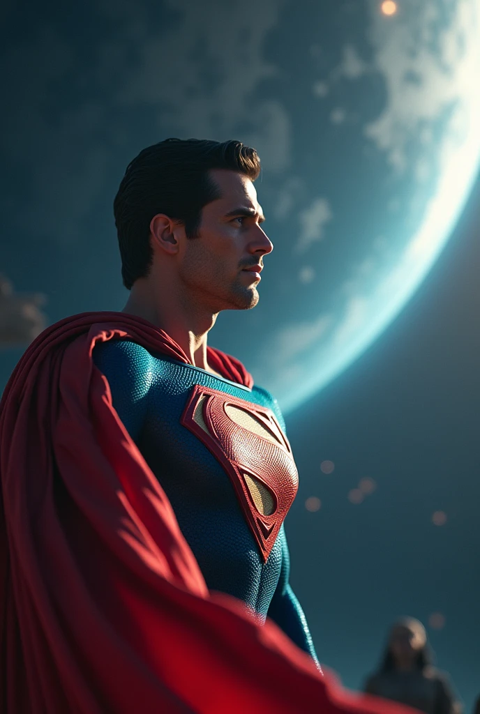 In the background, outer space and Superman flying in space. Then he stops to look at planet Earth, specifically at Egypt, and finds a distress call written in kryptonite, which weakens Superman. He looks at the place sadly because he cannot save him. 