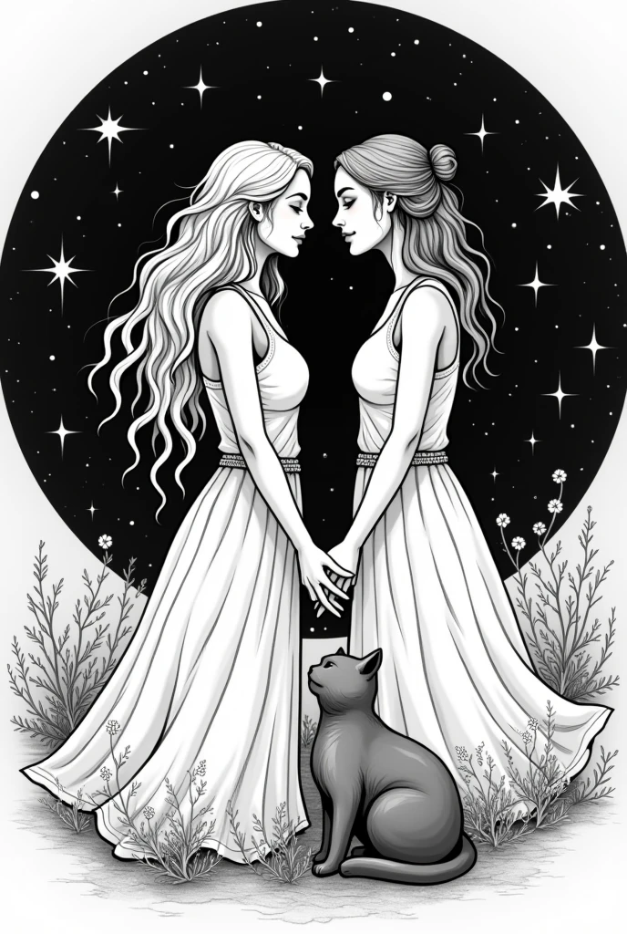 create a black and white tattoo minimalist style vector, where a with curly hair appears holding hands with a with broken hair and next to her a small gray cat, with a starry sky , that has a spiritual context , that focuses on love and eternity