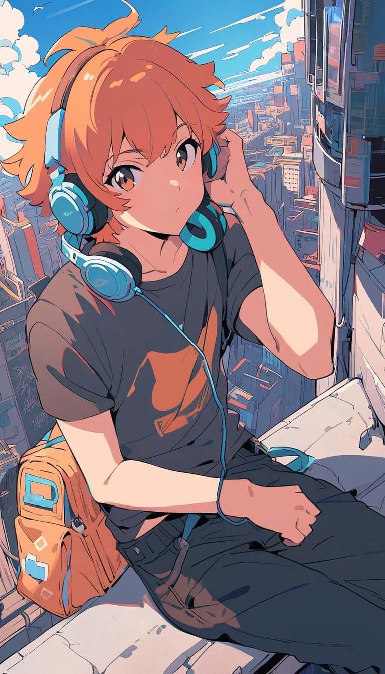 alone, lofi artstyle, lofi art, city, town, 80s anime style, Retro, Lo-Fi, masterpiece, best quality, (extremely detailed CG unity 8k wallpaper), (best quality), (best illustration), (best shadow), absurdres, realistic lighting, (Abyss), beautiful detailed reglow, Headphone, use headphone, use headphone ear, 1boy, bag, black pants, black shirt, brown eyes, closed mouth, cloud, day, headphones, headphones around neck, looking at viewer, male focus, orange hair, outdoors, pants, shirt, short hair, short sleeves, sitting, sky, solo, t-shirt,