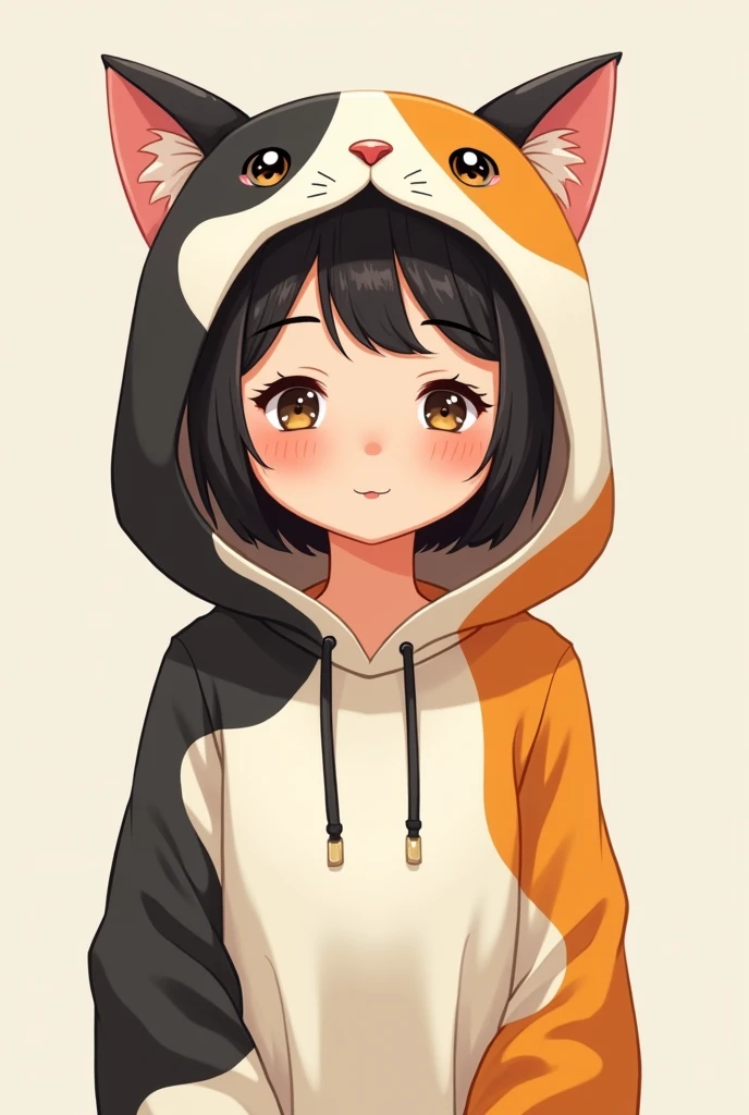 A beautiful middle aged Japanese woman wearing a cat costume with hoodies. The fur pattern should be that of calico cat: patches of white, black, and white. The costume doesn't have a cat face. It should show only above her chest. Mke it cartoon like. This woman is not young, middle aged. Make her older.