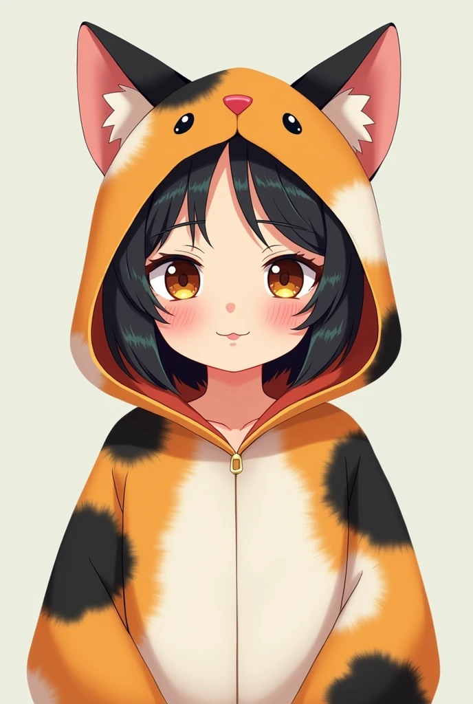 A beautiful middle aged Japanese woman wearing a cat costume with hoodies. The fur pattern should be that of calico cat: patches of white, black, and white. The costume doesn't have a cat face. It should show only above her chest. Mke it cartoon like. This woman is not young, middle aged. Make her older.