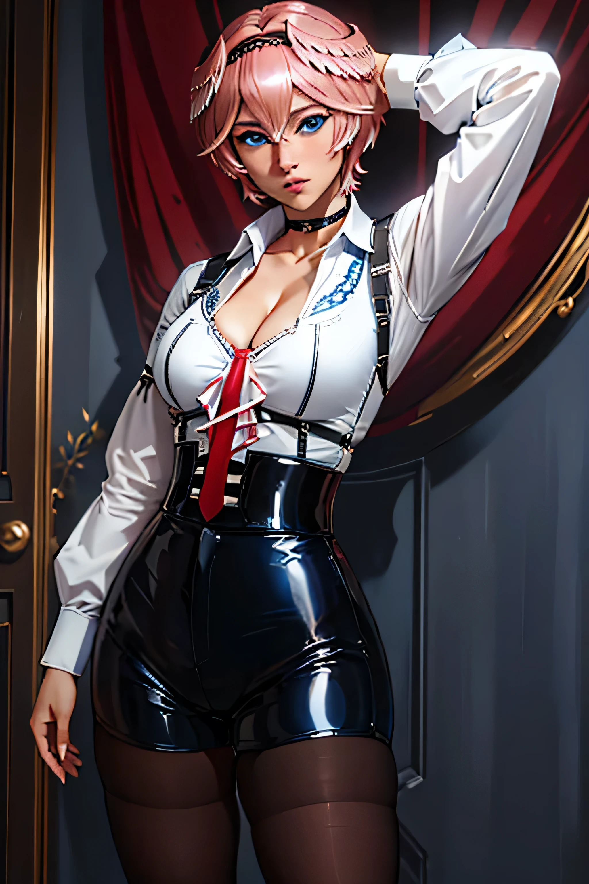 2D, masterpiece, Highest quality, Highly detailed face, Highly detailed eyes, Highly detailed background, Perfect lighting, His Takane, whole body, White shirt, hair band, choker, Red tie, Black shorts, Medium chest, blue eyes, pantyhose, Cleavage, thigh, Short skirt, sexy, Cleavage, thigh, Short skirt, sexy