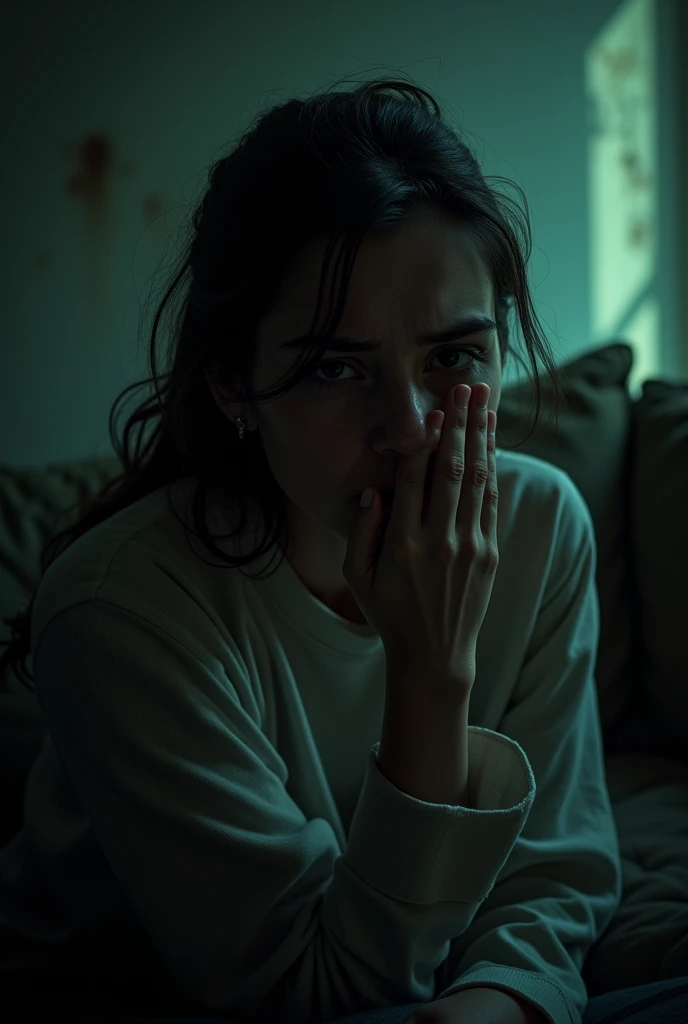 Close up of a young woman with her hand over her mouth sitting on  a worn out living room couch in the dark, nightmare 