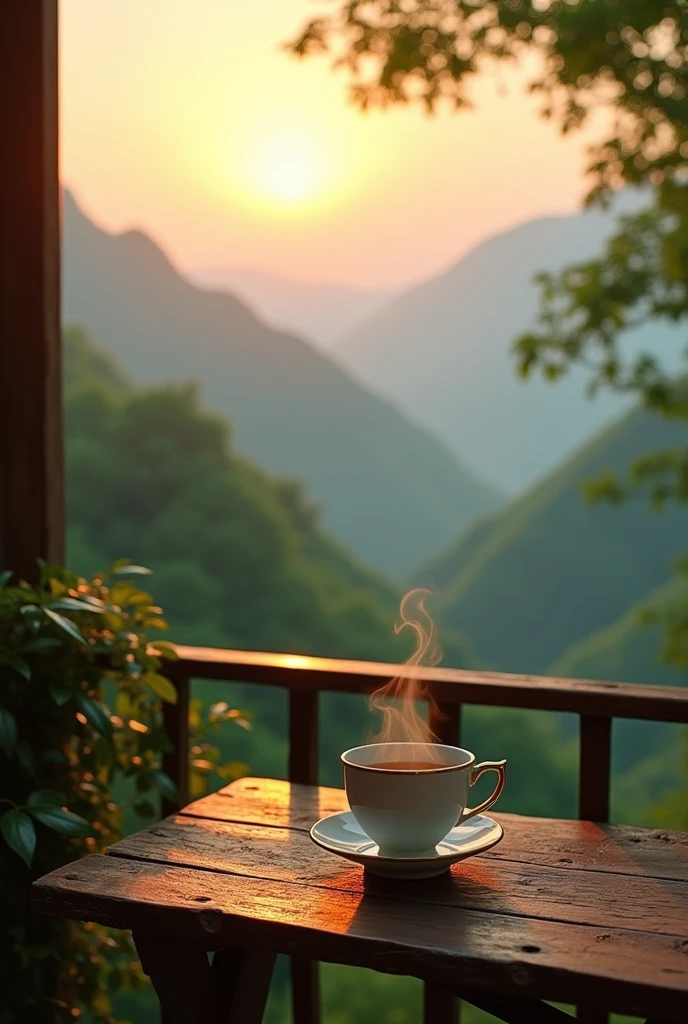 Beautiful balcony with table cup of tea with view of sunrise green  mountain 
hyperrealistic