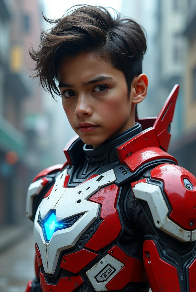 Boy malay Indonesia wear red white exoskeleton. Robot face on body. Led nipple blue. Black hair little white hair detail. . 19 year old boy. Wavy hair. Tan skin. High tech suit. Mirage armor . Taking anger robot face red. Emoji robot. Punisher. Mechanize robot face at chest.