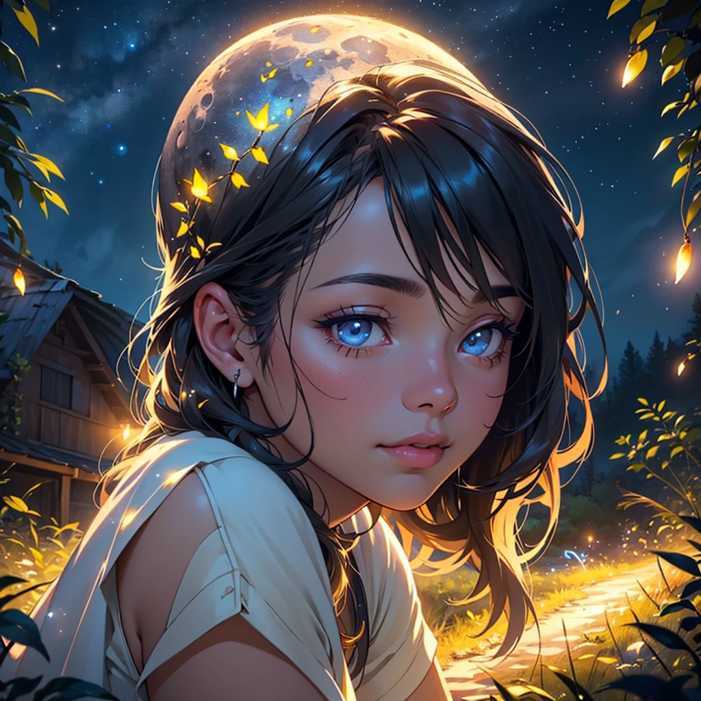 a boy sitting beside a small hut under a bright full moon, colorful insects flying, warm light inside the hut, glowing stars in the night sky, lush nature surrounding the scene, (best quality,4k,8k,highres,masterpiece:1.2),ultra-detailed,(realistic,photorealistic,photo-realistic:1.37),intricate details,vibrant colors,anime style,beautiful detailed eyes,beautiful detailed lips,extremely detailed face and features,long eyelashes,soft lighting,glowing moon,fireflies,warm cabin light,starry night sky,dense foliage,idyllic landscape