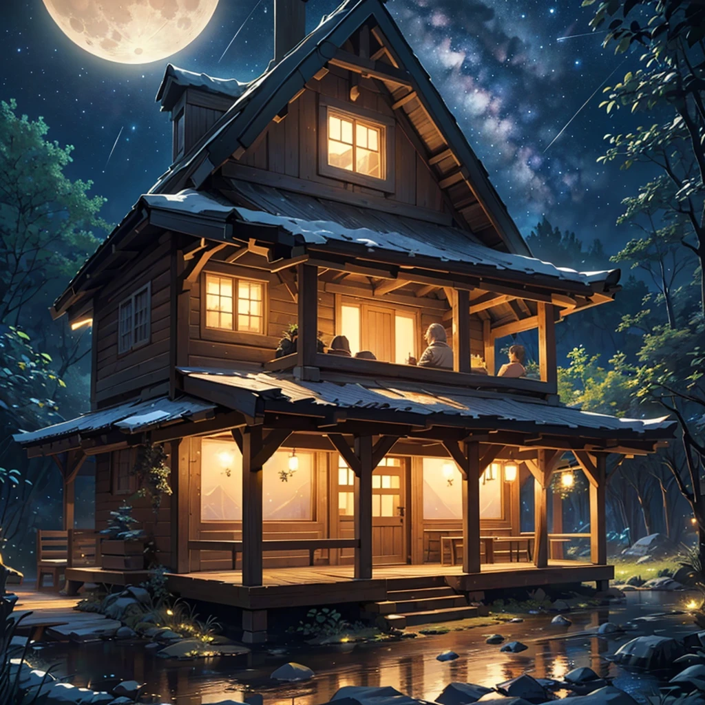 a boy sitting beside a small hut under a bright full moon, colorful insects flying, warm light inside the hut, glowing stars in the night sky, lush nature surrounding the scene, (best quality,4k,8k,highres,masterpiece:1.2),ultra-detailed,(realistic,photorealistic,photo-realistic:1.37),intricate details,vibrant colors,anime style,beautiful detailed eyes,beautiful detailed lips,extremely detailed face and features,long eyelashes,soft lighting,glowing moon,fireflies,warm cabin light,starry night sky,dense foliage,idyllic landscape
