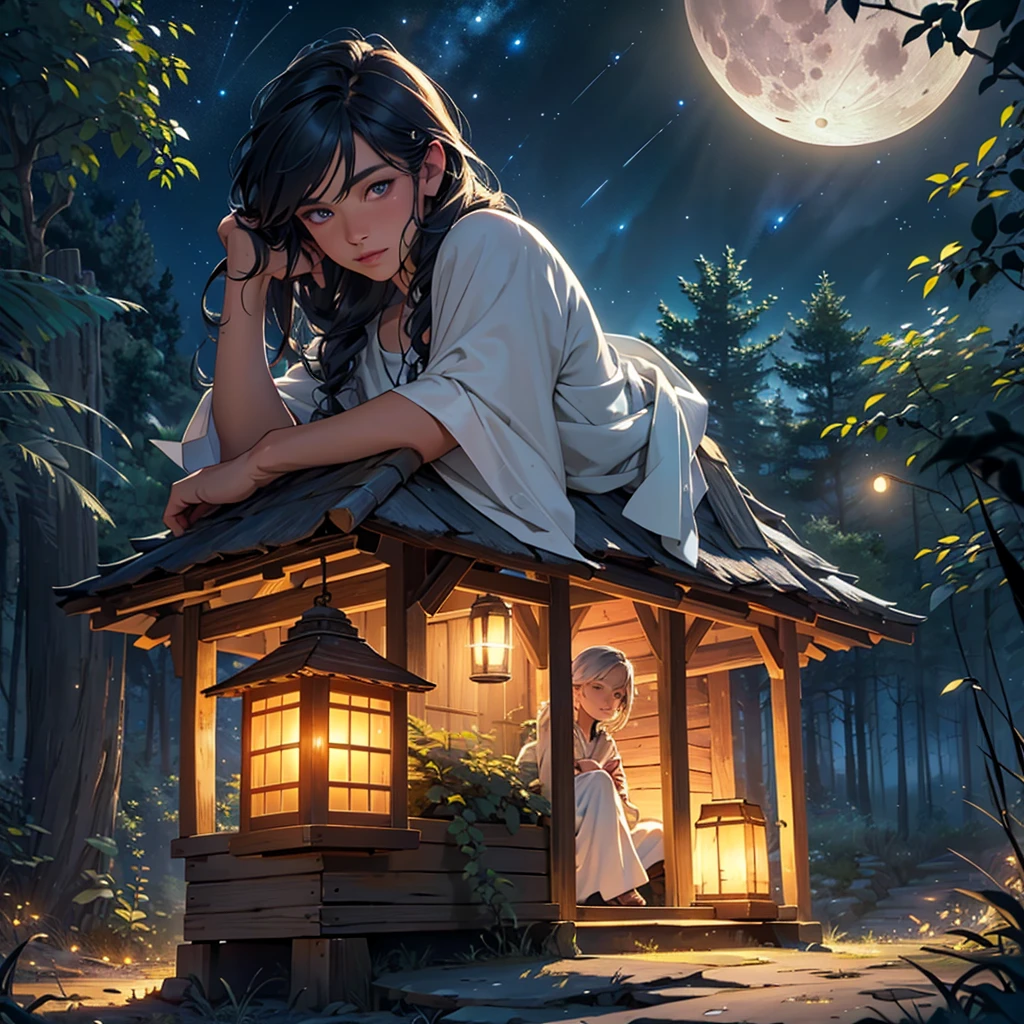 a boy sitting beside a small hut under a bright full moon, colorful insects flying, warm light inside the hut, glowing stars in the night sky, lush nature surrounding the scene, (best quality,4k,8k,highres,masterpiece:1.2),ultra-detailed,(realistic,photorealistic,photo-realistic:1.37),intricate details,vibrant colors,anime style,beautiful detailed eyes,beautiful detailed lips,extremely detailed face and features,long eyelashes,soft lighting,glowing moon,fireflies,warm cabin light,starry night sky,dense foliage,idyllic landscape