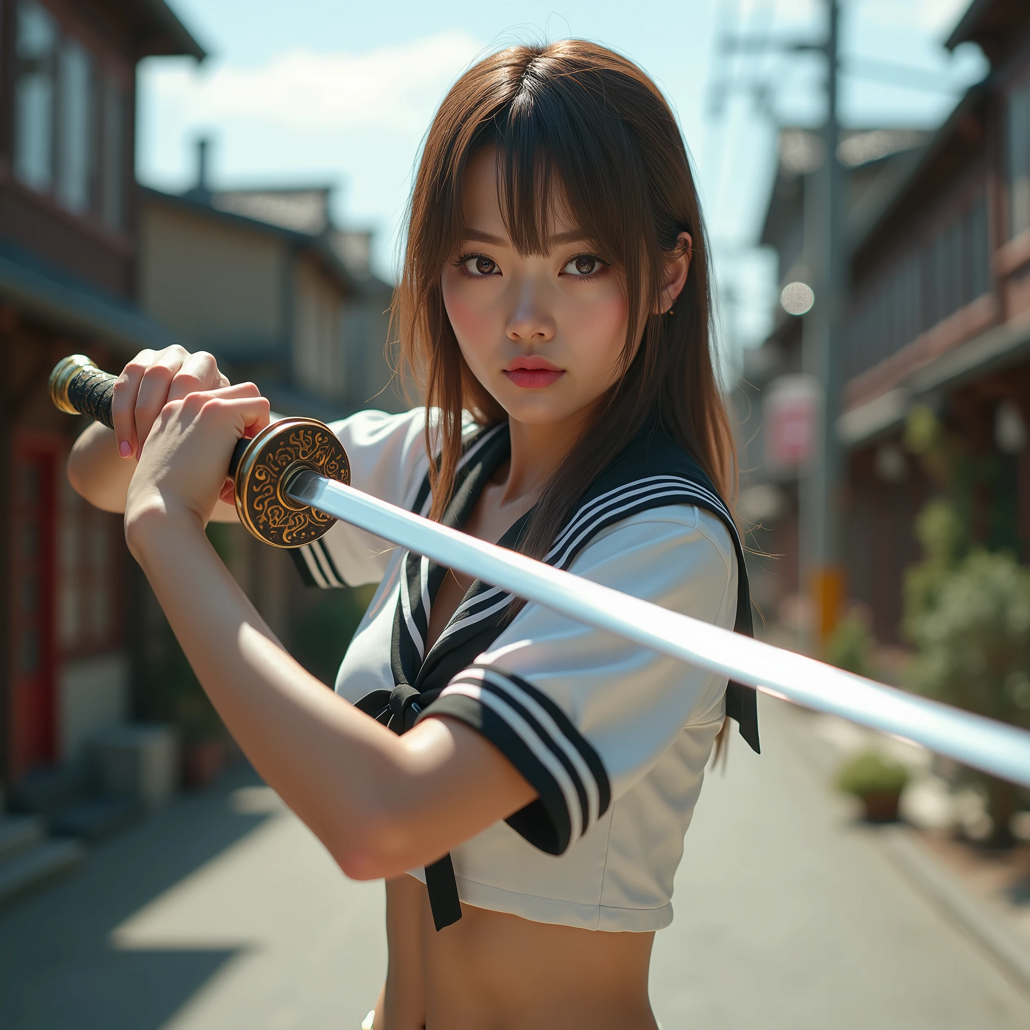 Browsing Caution:-2, Realistic, legs apart:1.21, Photorealistic, Highly realistic photos, Portrait of a Japanese woman with a Japanese sword:1.21, Elegant appearance, Cool woman, Cute Japanese woman'顔:1.21, Beautiful Japanese woman face:1.21, (She is brandishing a Japanese sword.:1.5), Female Swordsman, female killer, There&#39;s a lot of blood on her body.:1.21, sexy, Confident face, (Above the knee shot.:1.21), (Realistic photos:1.4), (masterpiece, Highest quality:1.2), RAW Photos, 32K High Resolution, Intricate details,Very detailed, (Flat Chest:1.21), Gazing at the audience, Tight waist, Cute 顔, Light brown hair, (Low ponytail hair:1.21), With drooping bangs, School uniforms, Sailor uniforms from famous Tokyo Metropolitan High Schools, Short sleeve clothing, Short-sleeved sailor uniform:1.21, sera fuku:1.21, The upper body is wearing a uniform:1.21, Show me your belly:1.21, Micro Mini Skirt:1.21, I can see her white panties:1.21, Knee-high fishnet stockings, Long Boots Bust Top Float, Sharp eyebrows:1.37, Pink lipstick:0.95, Detailed face, Hostility, Pale skin:1.21, Fine skin, Glowing Skin:1.21, On the outdoor set of a historic film studio, On a set of wide city streets, A set of old Japanese houses in the background, Sunny daytime, Rays of light run through her body:1.37, Ray Tracing, Emotional, Dynamic and cinematic lighting, Browsing Caution:-2
