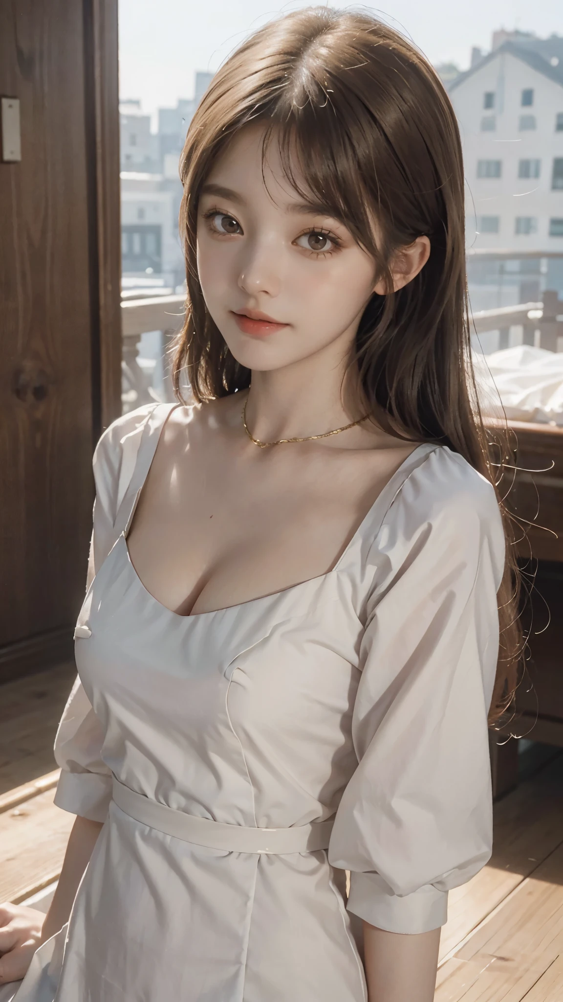 18 year old beautiful girl, big eyes, large breasts, and slender, 8K, top quality, (very detailed head: 1.0), (very detailed face: 1.0), (very detailed hair: 1.0), maid clothes, very detailed official artwork, anime moe art style, clean detailed anime art, smile, golden hair, smooth long hair