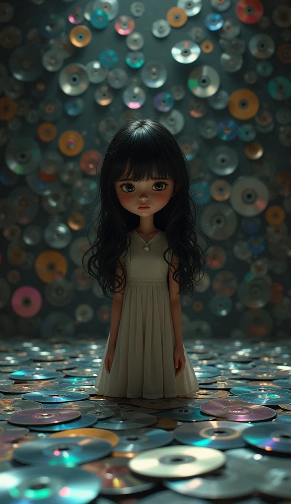 A sad georgous standing girl watching a bedroom full of cds, pixar style, cinematic, masterpiece, high-aesthetic 
