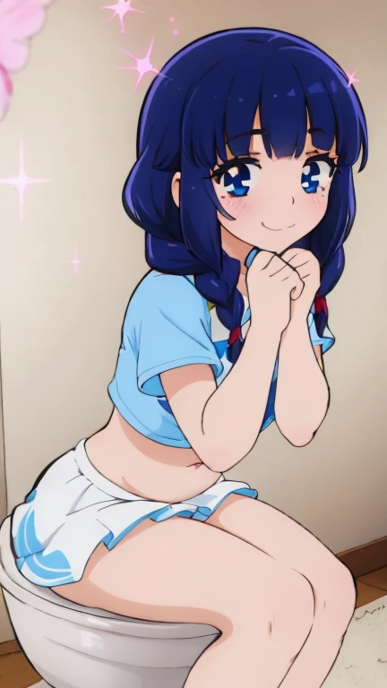 Mira Kagami, 1 girl, solo, retro artstyle, 1990s (style), nsfw, simple white background, tachi-e, looking at viewer, straight-on, standing, cowboy shot:0.8, purple hair, medium hair:1.2, straight perm hair, brown eyes, blue school uniform, (blue sailor collar), yellow bow, bow, long sleeves, blue skirt, light smile, wink, large breasts, skirt lift, panties down, show off cleft closed-pussy, wareme, score_9, score_8_up, score_7_up, score_6_up