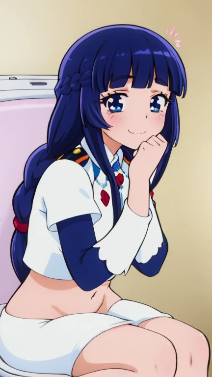 8k ,braids, huge natural breasts, seductive pose, shy embarrassed smile, hashira uniform, sexy hips, sitting on toilet ,reika "Cure Beauty, Chloe, Glitter Breeze" Aoki,Bluehair,Blue pupil,stomach ache,