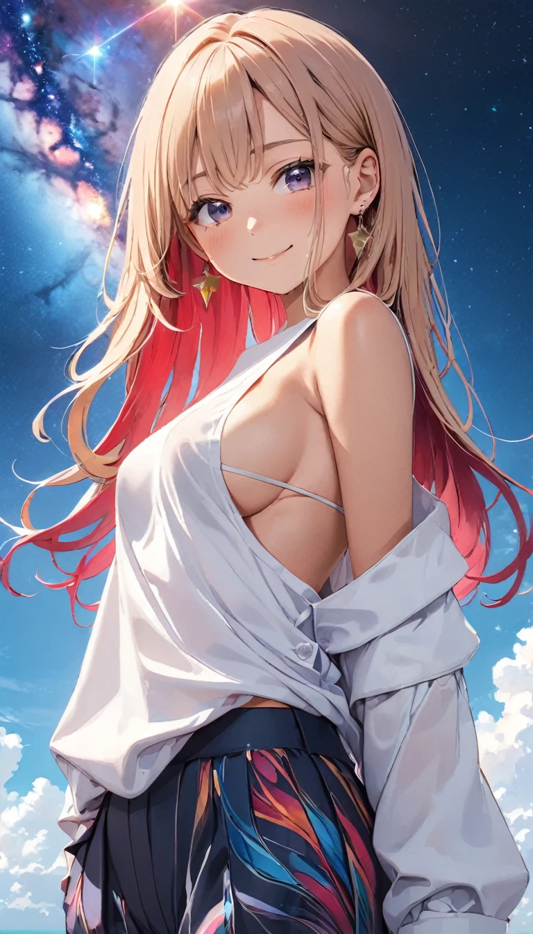 anime illustration, ((((highest quality)))), (((Ultra-precision CG 16K))), (((masterpiece))), BREAK skinny body, slender waist, medium Breasts, (((perky breasts))), ((sagging breasts)), (covered nipples),  (((tanned skin, tan lines))) , BREAK ( smiling, blush, determined expression, sweaty , Heavy breathing, embarrassed, ) , (natural make), BREAK narrow eyes, (streaked hair, hair intakes, colored inner hair, ) BREAK (((wearing printed oversized clothing , wearing wide-leg-pants, breasts is covered by outfit, (detailed panty), Narrow aisles,))) , wearing earrings , BREAK ( stick breast out,  bending over, all four, )) BREAK  (( ripples , horizon , under the cosmic sky on the cosmic sea , cosmic effects)), (((close-up of face, bust-up shot,  looking at viewer, ))), BREAK ((cinematic , from side , from below , (Distant view, Panorama), looking at viewer, )) , pinup magazine pose,