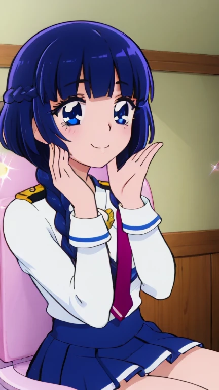 8k ,braids, huge natural breasts, seductive pose, shy embarrassed smile, hashira uniform, sexy hips, sitting on toilet ,reika "Cure Beauty, Chloe, Glitter Breeze" Aoki,Bluehair,Blue pupil,