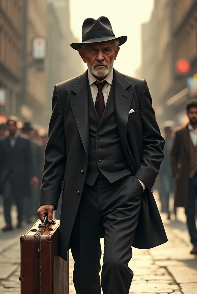 Old man, short, suit, large hat, carrying a suitcase