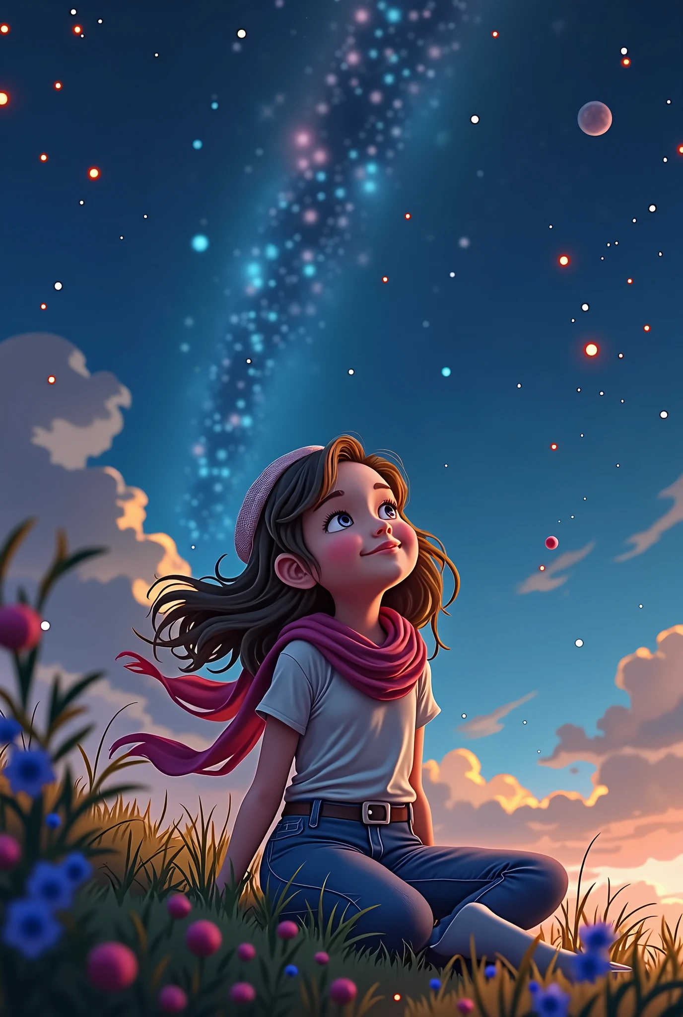 best quality, high resolution, distinct image, concept art, night sky, stars, moon, girl, smile, hair, eyes, mouth, hands, feet, clothing, jeans, t-shirt, scarf, hat, space, spaceship, spacesuit, astronaut, planet, galaxy, beautiful, cute, cozy, natural, dreamy, relaxed, sparkling, lovely