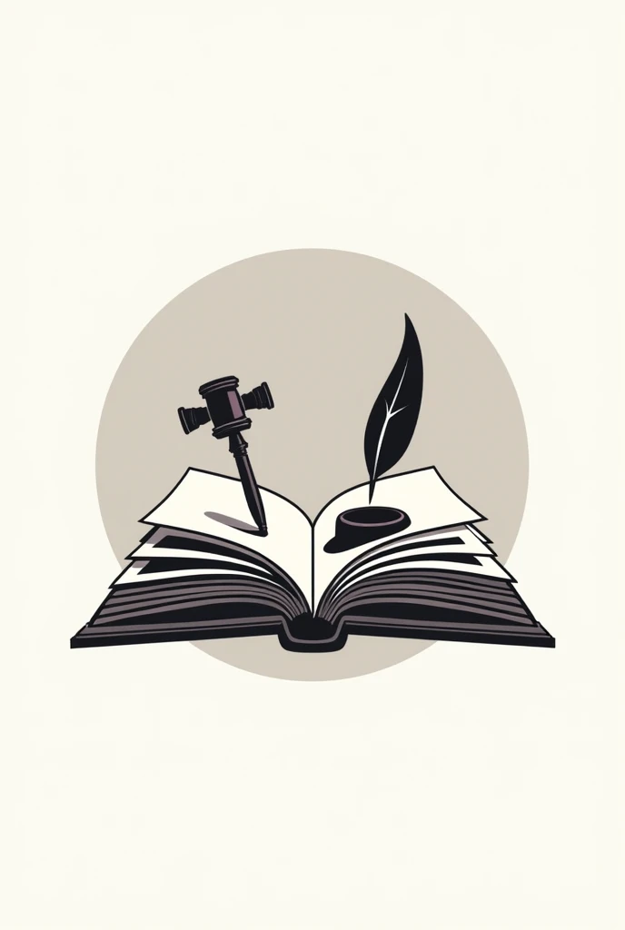make a logo where an open page book has a drawing of gavel, torch and on the other page is quill and ink in 3d. with a circle background for logo