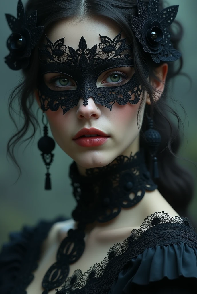 a close up of a woman wearing a mask, dreamy gothic girl, vampire, elegant render, half body photo, mistress, photoshop render, ebony rococo, elegant girl, female spy, haunting beautiful young woman, detailed face, extravagant dress, beauty girl, very femenine, dark haze atmoosphere, ambient dust